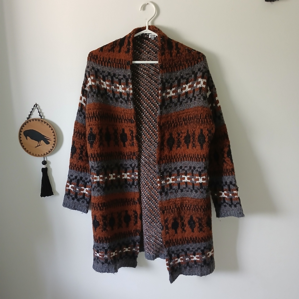 Aztec Style Acrylic Open Cardigan With Pockets - Picture 2 of 14